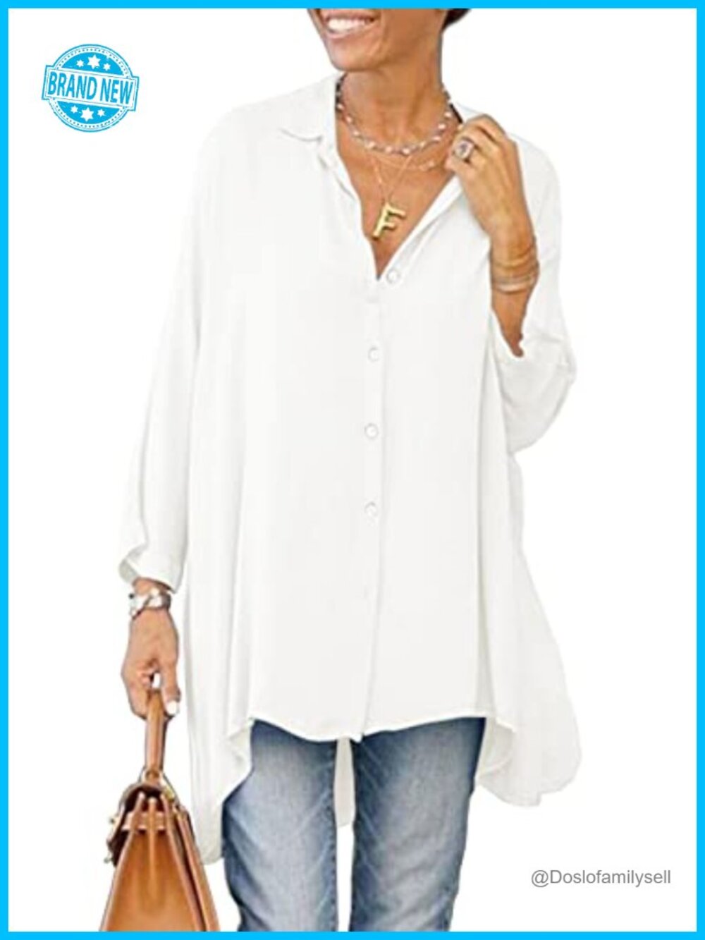 Oversized Button Down Long Sleeve Tunic Blouse High Low Hem Loose Fit Top